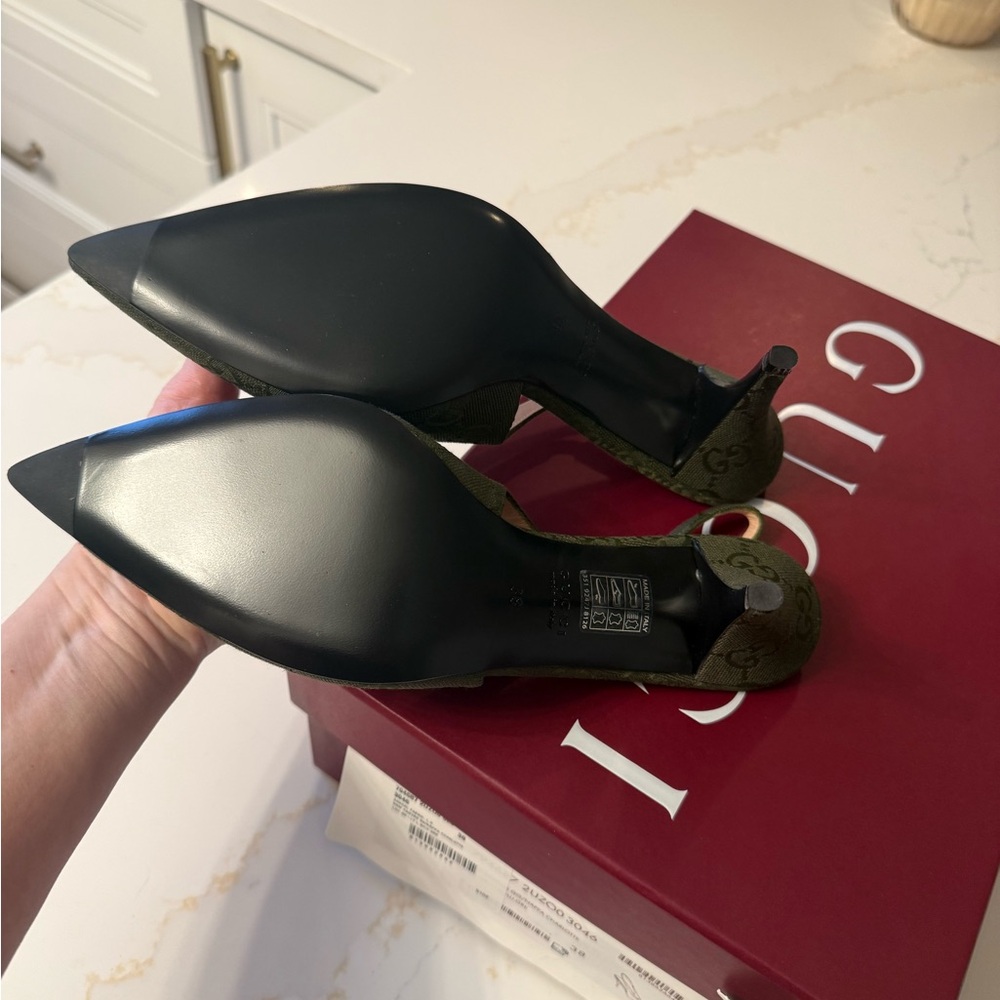 GUCCI SLINGBACK PUMP HORSEBIT GREEN CANVAS 38 - Picture 5 of 15